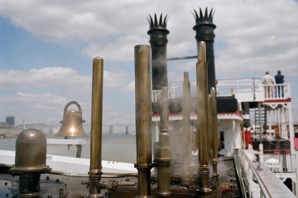Steam calliope pipes on the top deck of a Mississippi riverboat