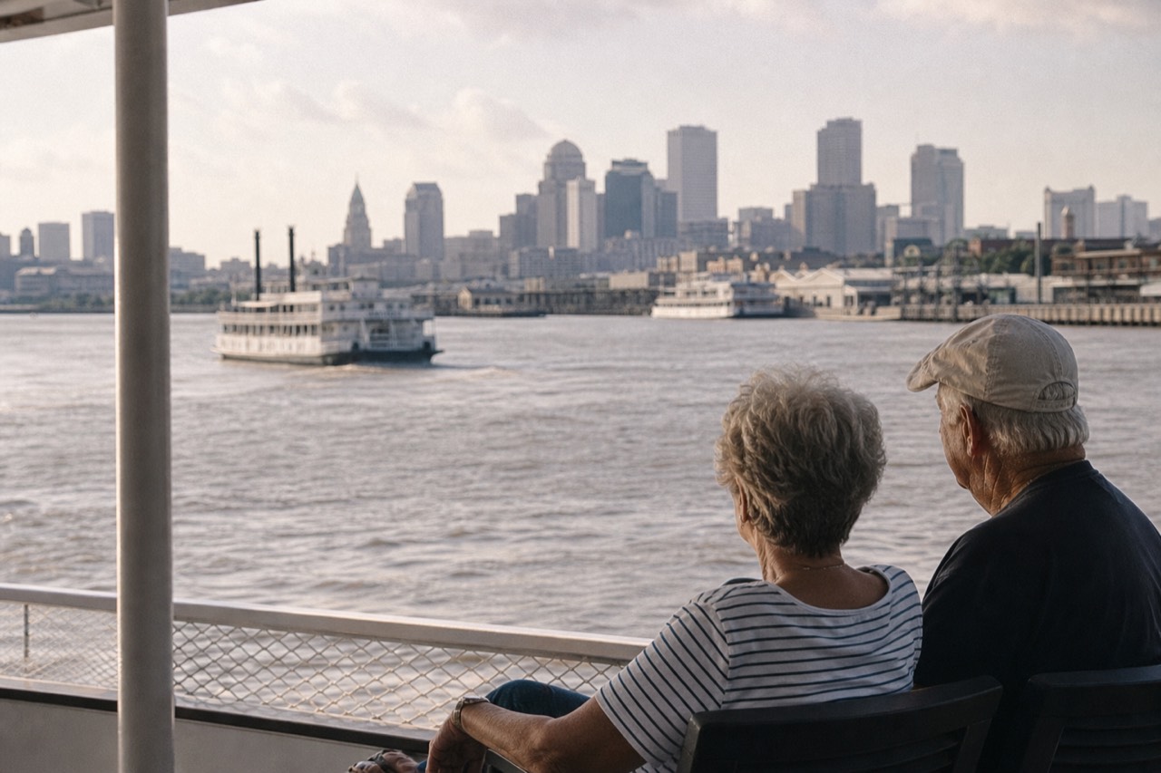Older couple seated in the shade on a riverboat deck with the Mississippi and the New Orleans skyline behind them