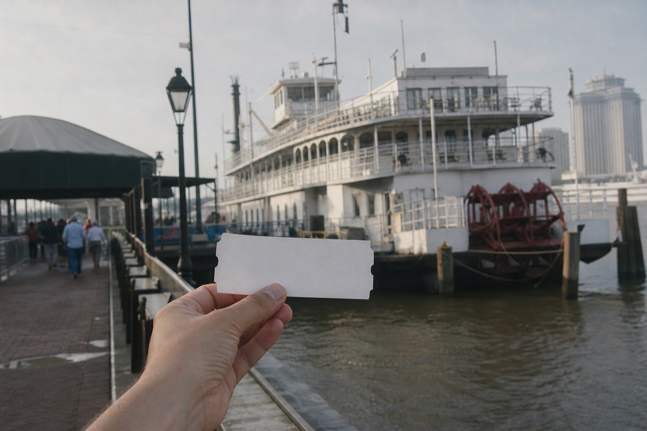 Hand holding a paper boarding ticket at a riverfront wharf with a white paddlewheeler moored behind