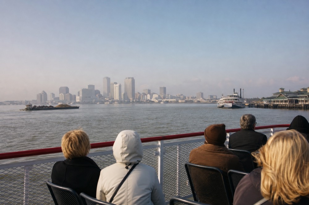Passengers in light jackets on the open upper deck of a riverboat under a clear autumn sky