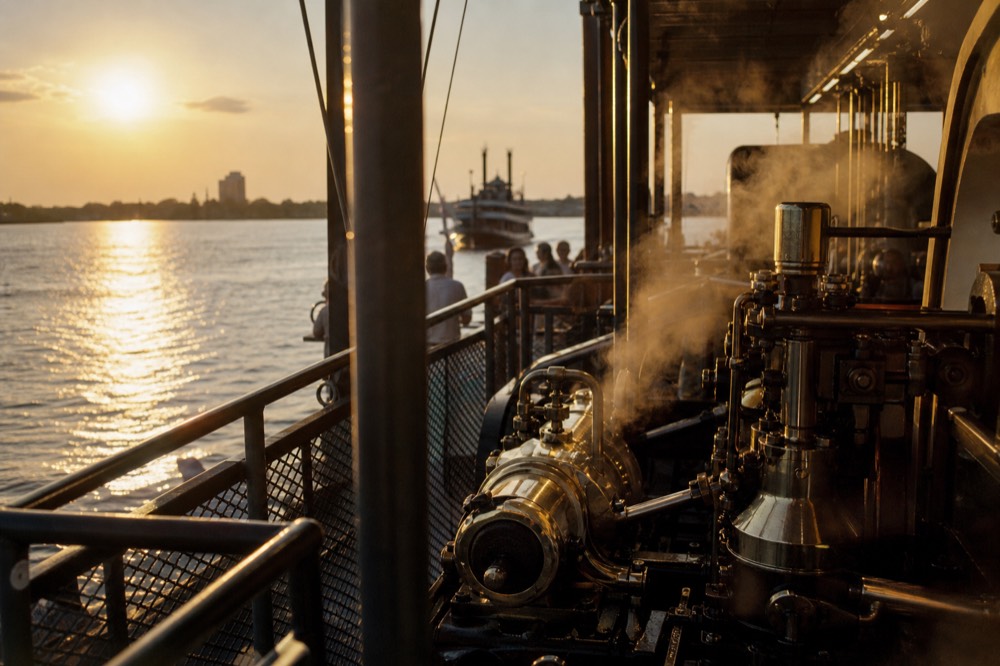 Riverboat engine room viewing area with polished brass fittings and steam pistons in motion behind a railing
