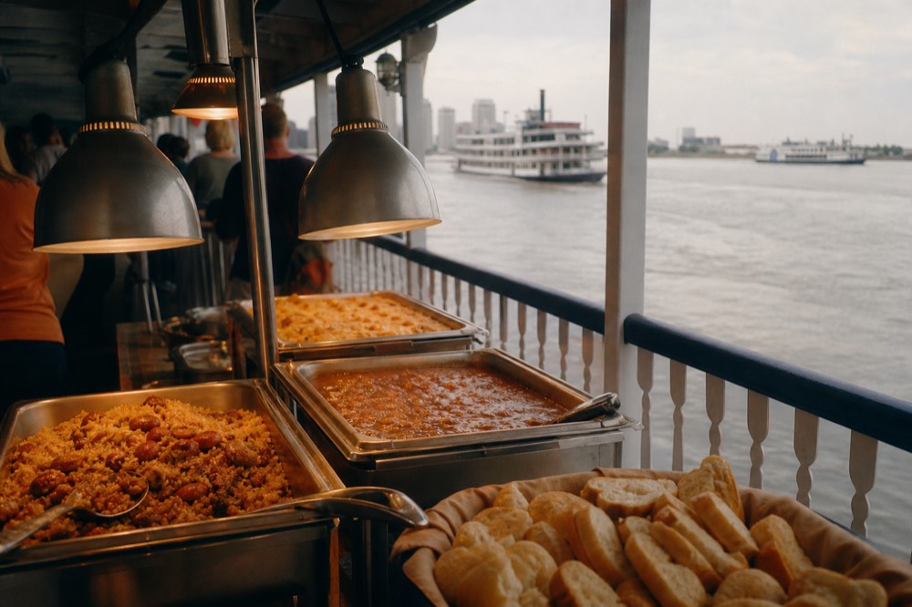 Creole buffet line on a riverboat dining deck with jambalaya, gumbo and bread pudding in chafing dishes under warm light